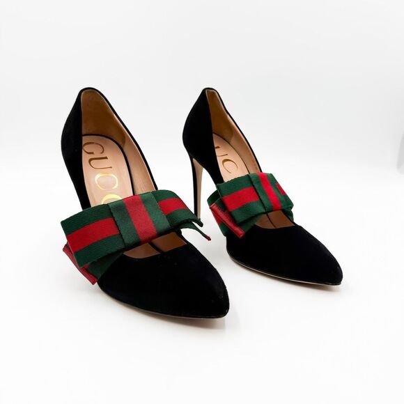 Gucci Heels Web Stripe Bow Black Suede Pumps Heels EU 37.5 US 7.5 - Picture 1 of 14